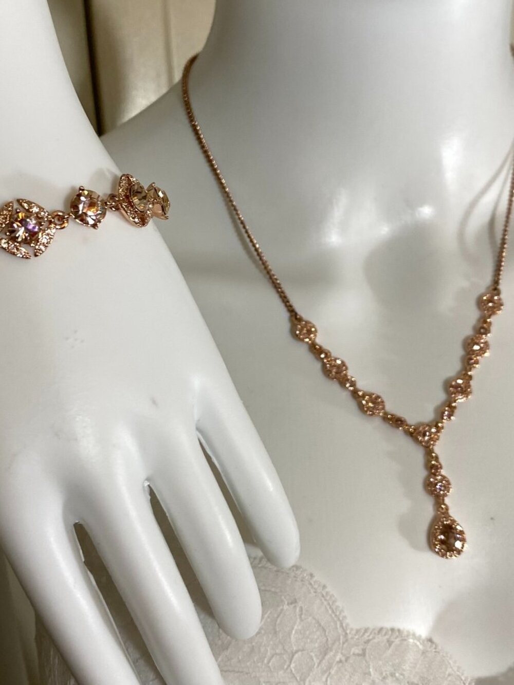 GIVENCHY Rose Gold Tone Champagne Crystal Y-Drop Necklace Bracelet Set $160 NWOT